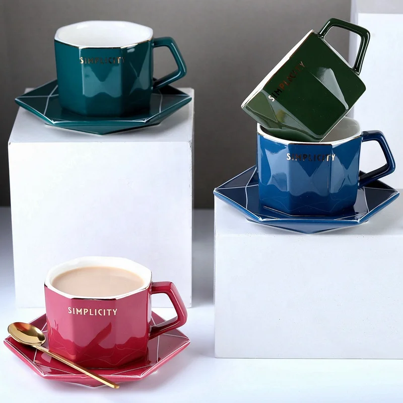 

Hot Sale Nordic Fashion Gilding Handle Porcelain Tea Cups Saucers Afternoon Coffee Cup and Saucer, Blue green pink