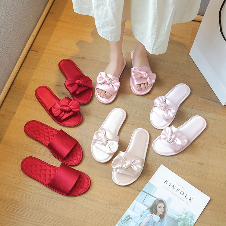 

Custom New Fashion Wholesale Indoor bride Silk Luxury Wedding Satin Bow Slippers for Women