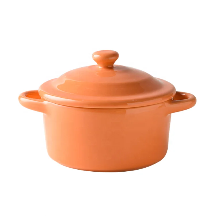 

2021 Popular color ceramic soup bowl orange color glazed backing bowl with double ear stronger double handgrip colorful bowls