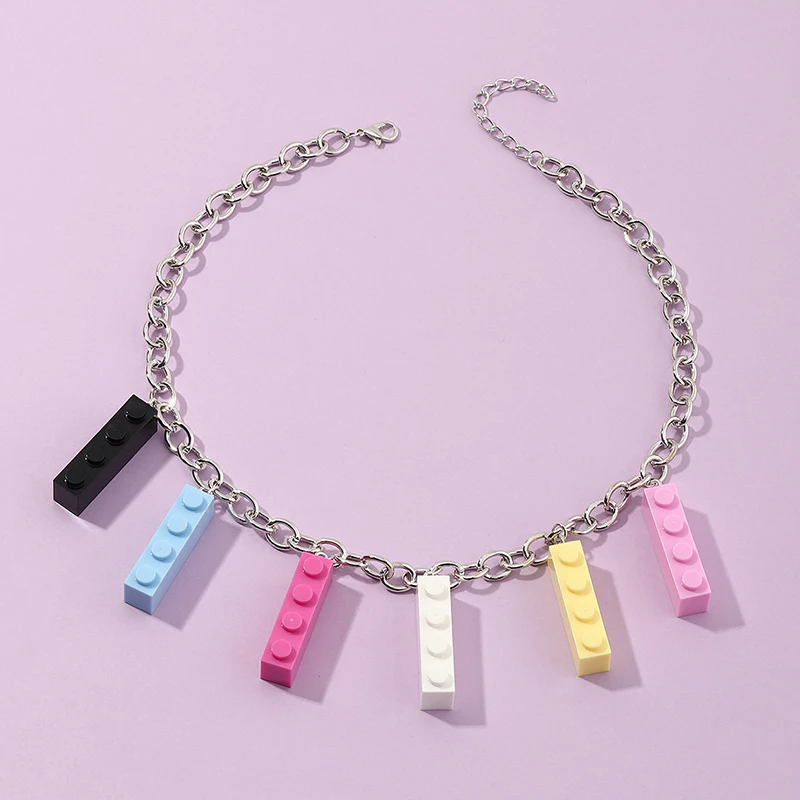 

Fashionable Block Shape Jewelry Sets Rainbow Block Necklace Colorful Building Block Necklace Jewelry