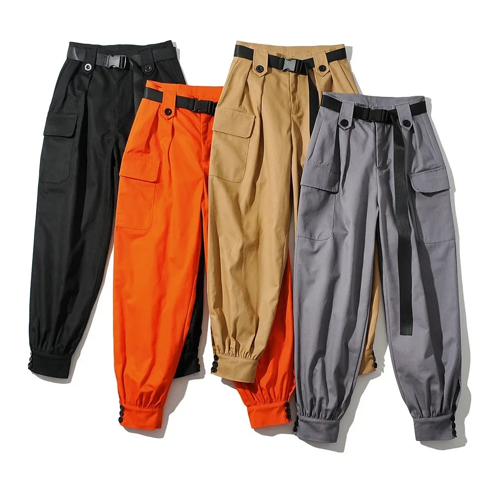 

B54304A Fashion trendy spring new lady loose pockets sports pants, Black/khaki/gray/orange