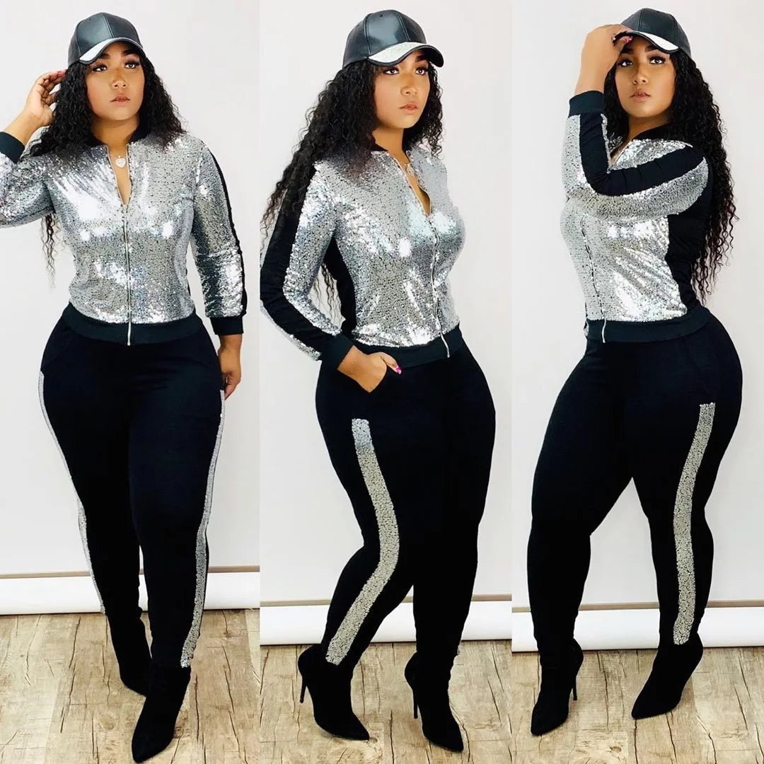 

2021 Hot Sale Ladies Tracksuit Women Sweatsuit Sequins Coat and Long Pants Two Piece Set