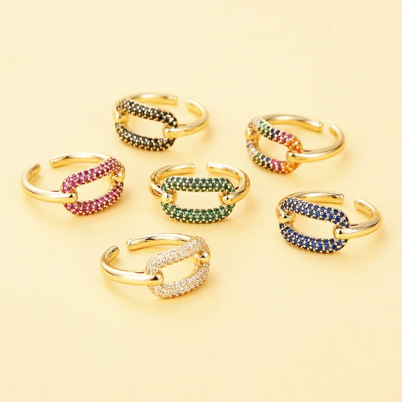 

18k Gold Plated Rainbow Crystal CZ Round Finger Rings Micro Pave Zircon Oval Shape Open Rings for women, As picture