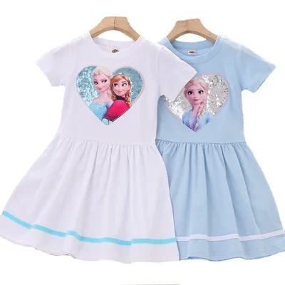 

Drop Shipping 2021 Ins Tumblr Fashion Trending Elsa Anna Unicorn Cotton Summer Dresses Girls Kids Short Sleeves Dress