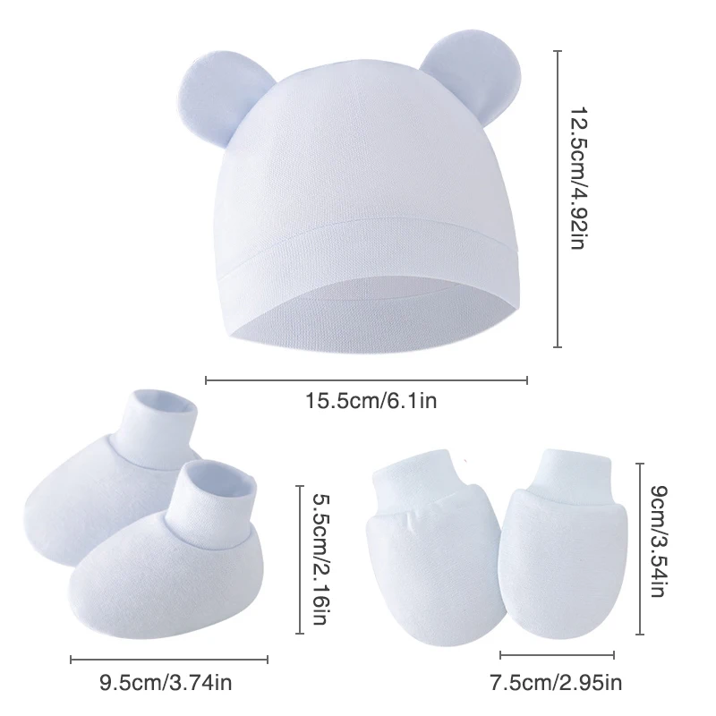 

Plain Color 3 Pcs Sets Newborn Infant Solid Color Knitted Turban Ears Hat Mittens Gloves Non-slip Socks Beanie Cap Set For Baby