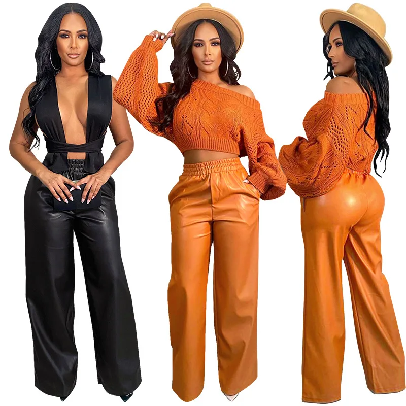 

GX876 Drop shipping Women's Fall Winter 2021 New Fashion Solid Color High Waist Casual Faux Leather Wide Leg Pants Women, Picture