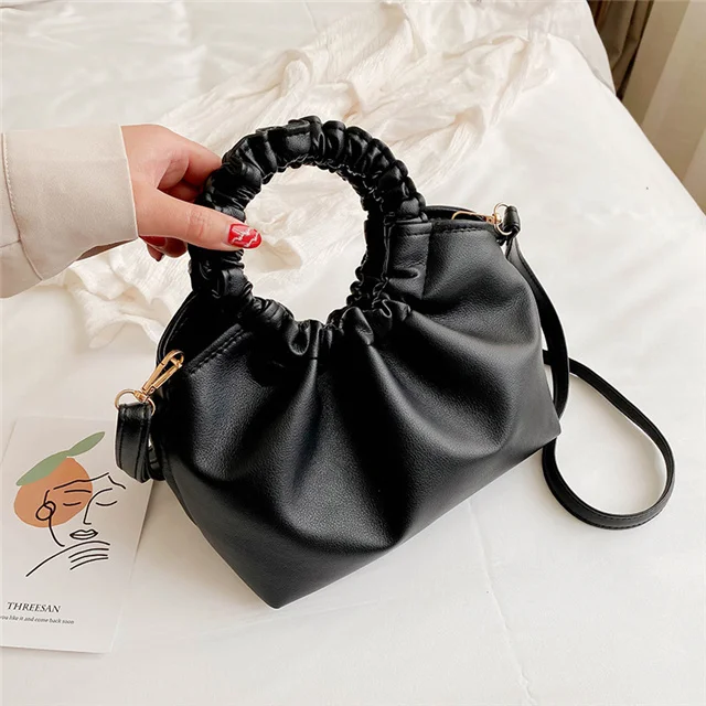 

2021 Fashion All-match PU Bucket bag Pleated handle casual Solid color handbag, Customized color