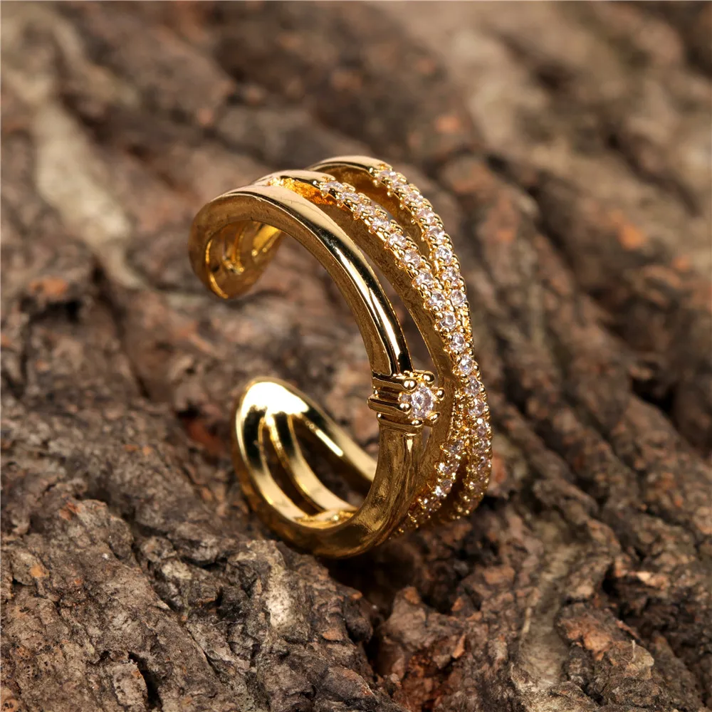 

New Arrival Minimalist Double Layers Gold Plated Zircon Line Cross Open Ring Adjustable Gold Line Cross Zircon Open Ring