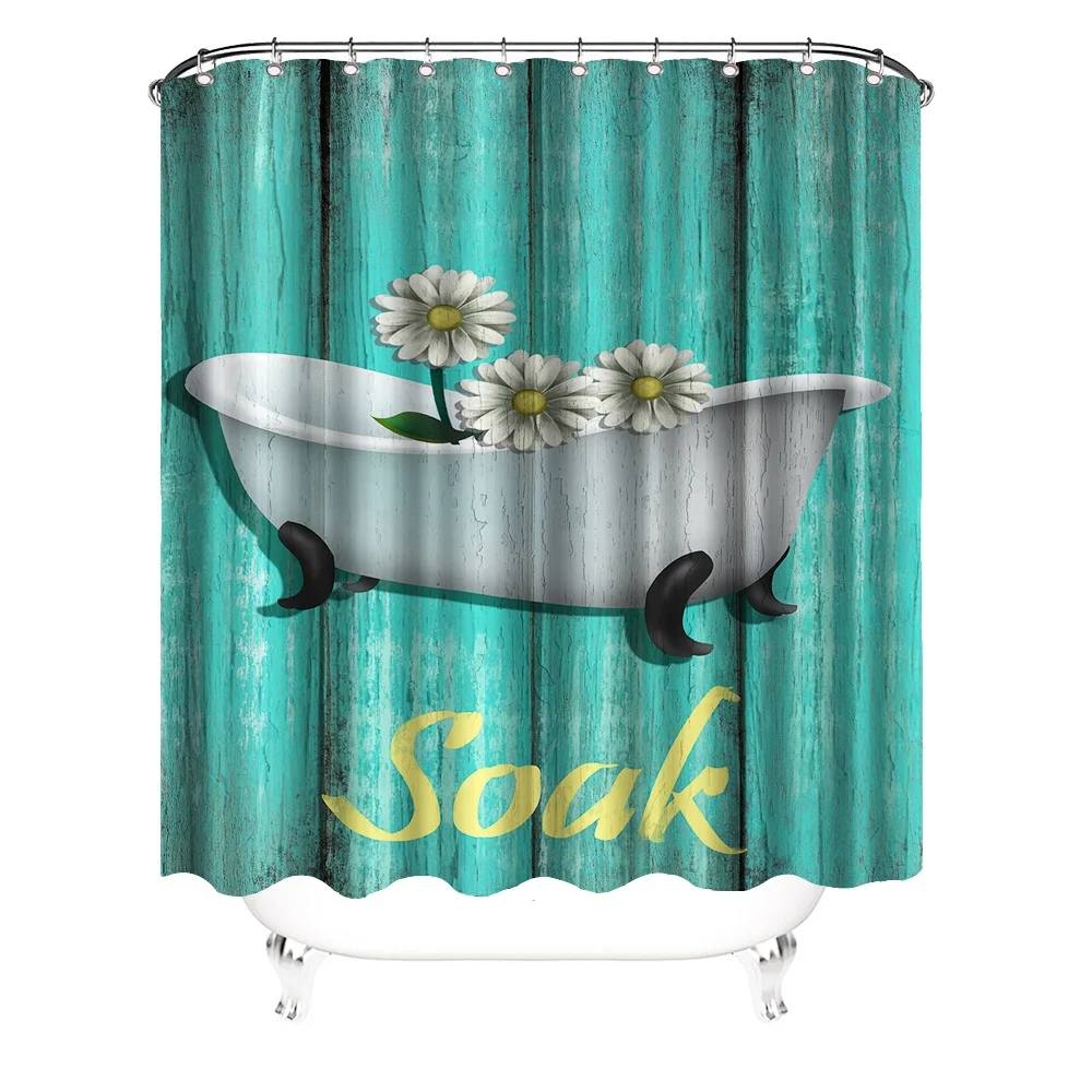 

Flower Shower Curtain White Floral in Bathtub on teal wooden Background Bathroom Accessories Decor Fabric Set 72x72 Inch