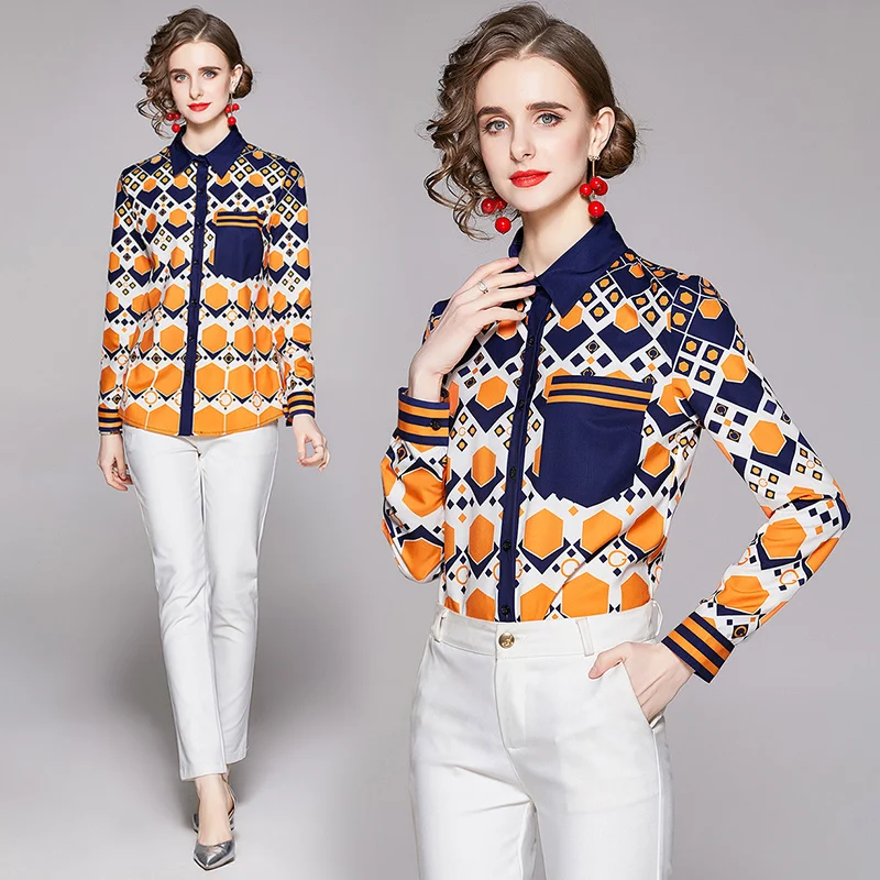 

Droma 2020 Special Price Wholesale Cotton Long Sleeve T-shirt For Women Polo Neck Printing Ladies Casual Blouses Tops, Picture color