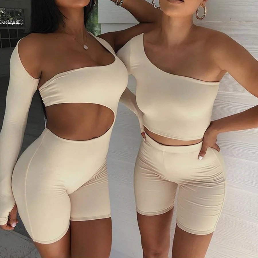 

2021 sexy one shoulder Solid Women Rompers Basic Long Sleeve Casual Sportswear Streetwear Female Elastic High Waist Jumpsuit, Customized color