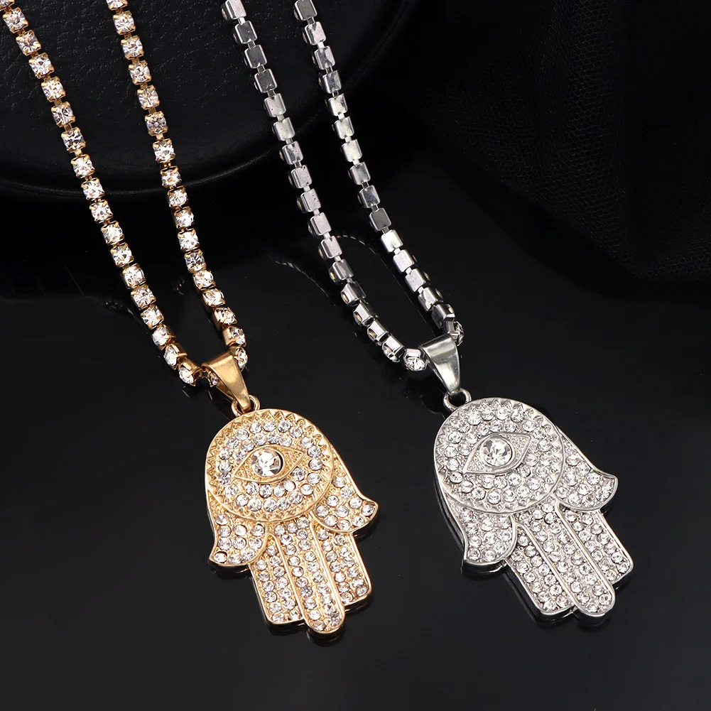 

Hot sales hip hop personality diamond crystal tennis chain necklace pendant Hamsa Hand necklace, Gold plated