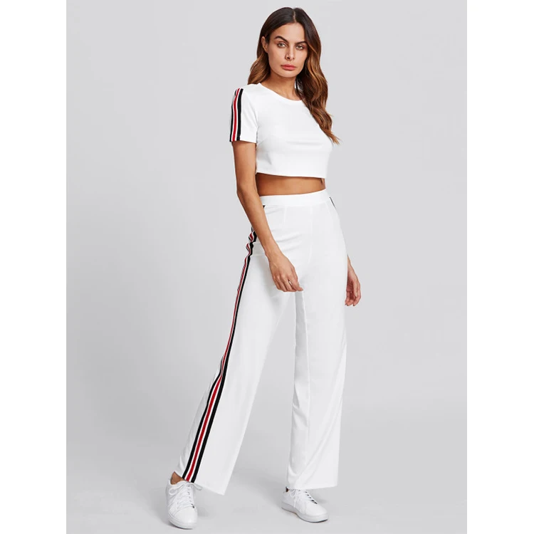 

OEM Women Short sleeve crop top and Side Stripe Wide leg sport tracksuit set, Customized colors