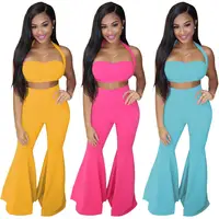 

Solid Colour halter Crop Tops With bell trousers Women's Two Piece Sets Bondage Belt Tops High Waist Pants