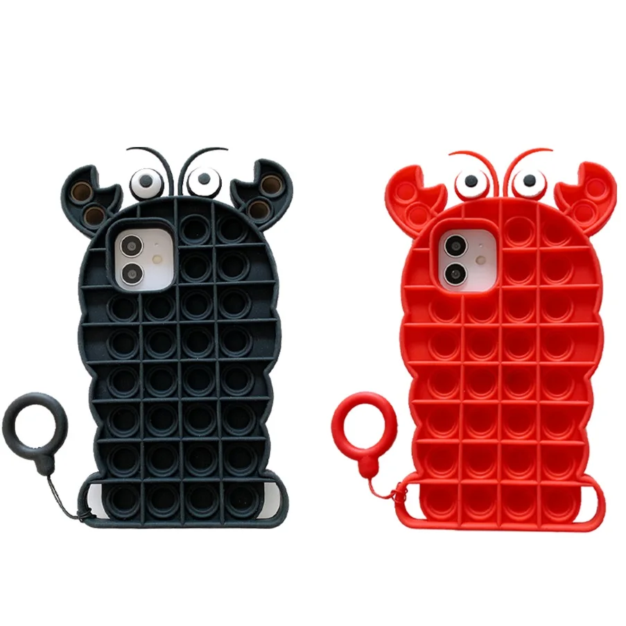 

Wholesale new design cartoon lobster silicone soft push bubble pops it fidget toys pop phone case anti-fall cover for iphone, 2 colors