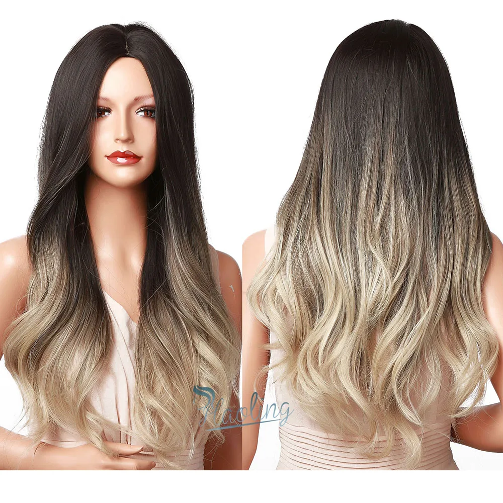 

Fast Delivery Synthetic Wig Long Natural Wave Gradient Black Brown Gold Wig Women's Brazilian Hair highlight wigs vendors, Brown black