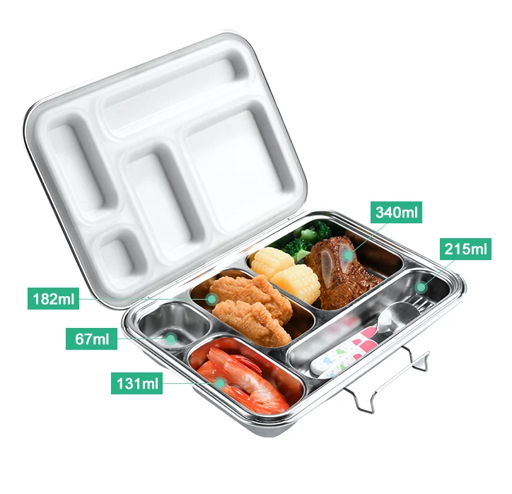 

Leak proof Silicone 5 compartment stainless steel lunch box with school picnic stainless steel bento box for kids and adults, Customize