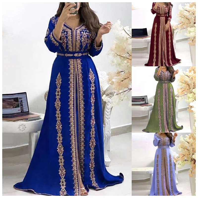 

2022 New Design abaya dubai women Muslim robe skirt Middle Eastern women's elegant embroidered evening dress Arabian long sleeve