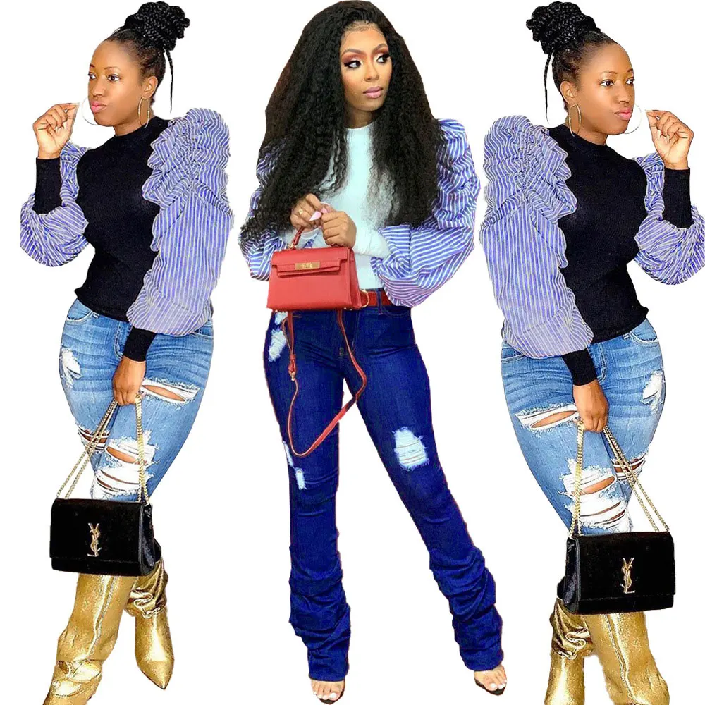 

91129-MX64 Popular Style Puff Long Sleeve Knitted Casual Blouses For Ladies