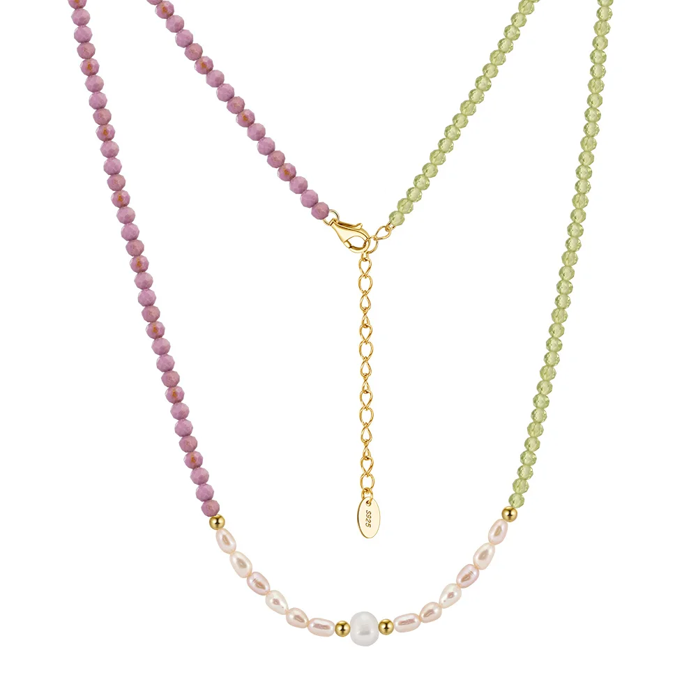 MPN06 Gold Beaded Chains Choker 925 Sterling Silver Purple Mica Peridot Natural Freshwater Pearl Adjustable Necklace for Women