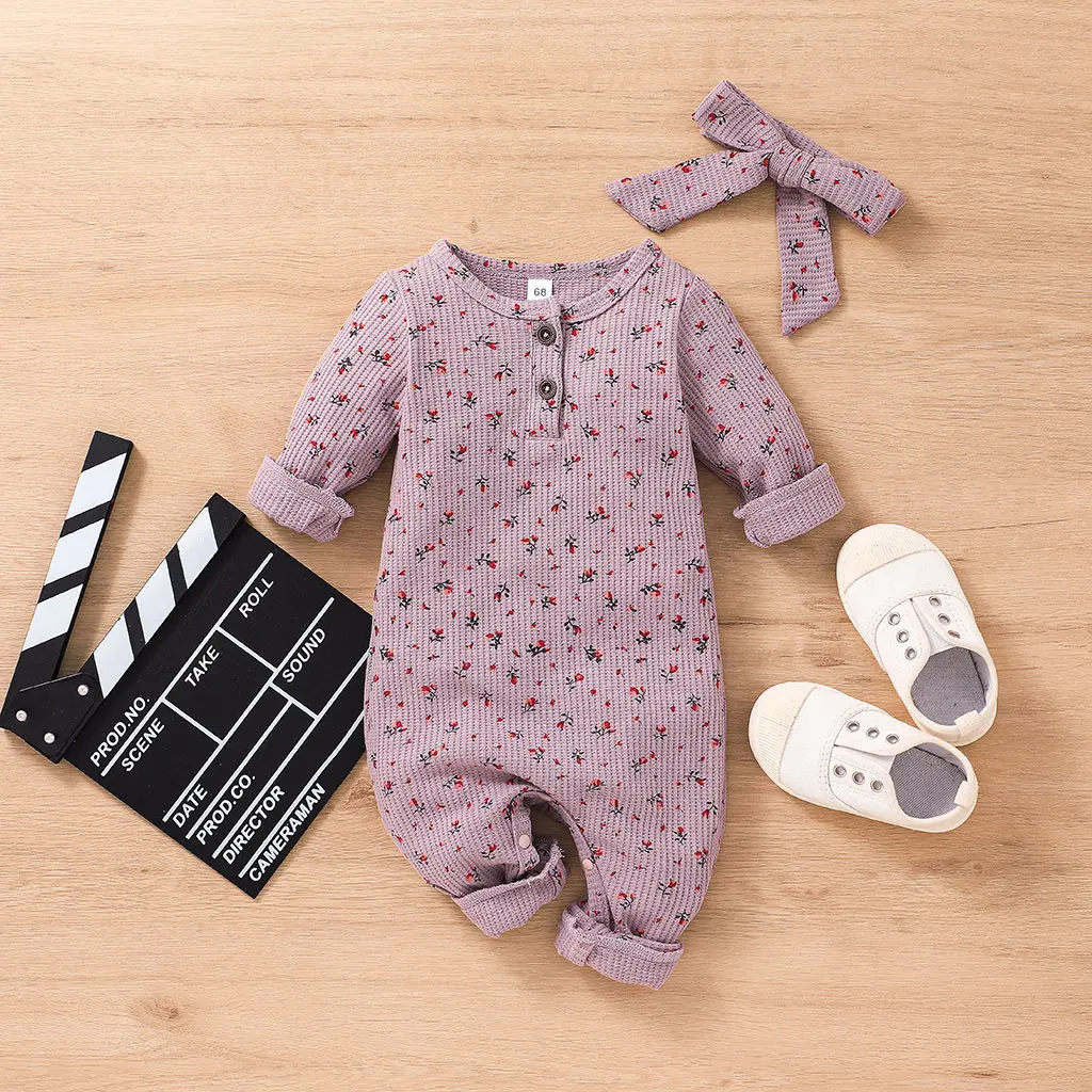

Ins Popular Cute Girls Infant Newborn Spring Baby Rompers 2Pcs Roses Prints Waffle Knitted Baby Girls Clothes, Pic show