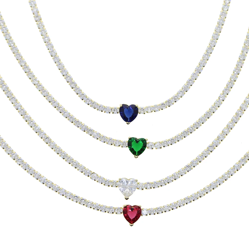 

iced out bling 3mm cz tennis chain heart cz gold necklace for women, Rose gold