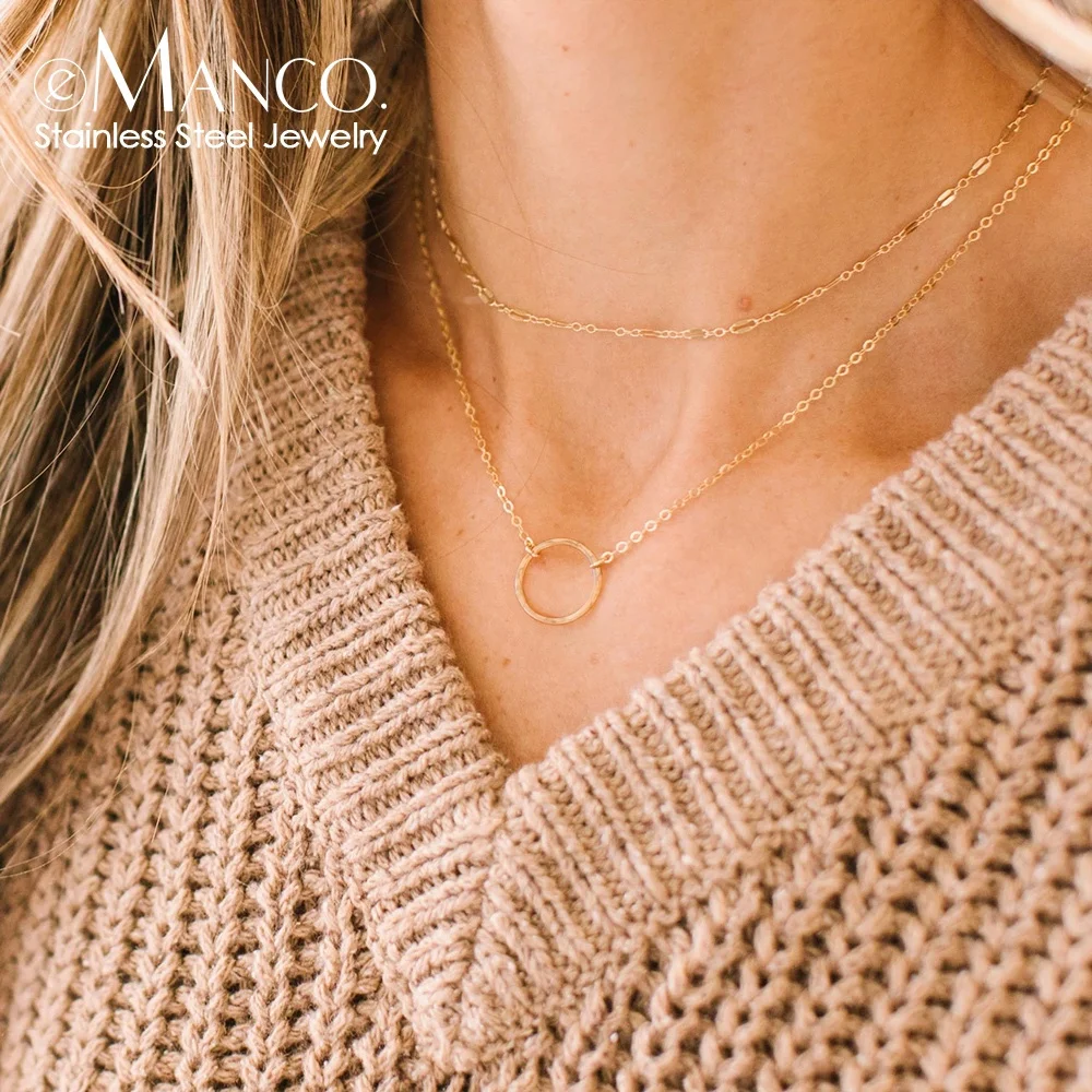 

Minimalist Layered Necklace Set Round Pendant Women Stainless Steel Necklace Trendy 14k Gold Plated Fine Jewelry Bamboo Chain