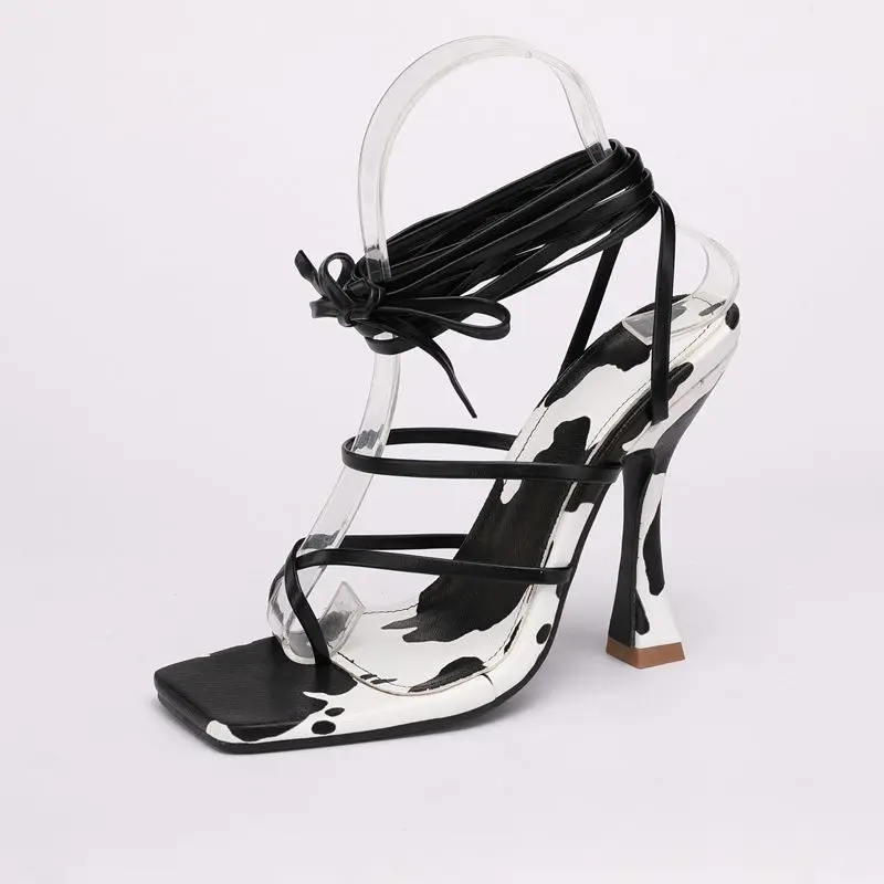 

2021 New Arrivals Ladies Sandals Square Toe Open Toe Print Strappy Ladies Sexy High Heel Sandals Casual