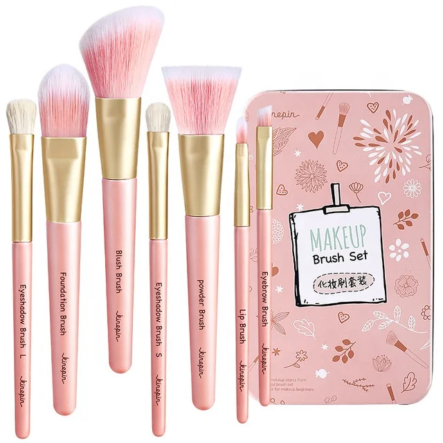 

Private Label 7pcs Animal Hair Makeup Brush Wood Handle Pink Makeup Brush Kit with Iron Box, Pink, white
