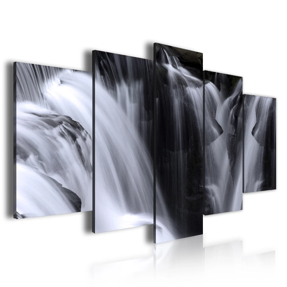 

Black And White Waterfall 5 Panel Home Wall Decoration Canvas Painting For Office, Customized color