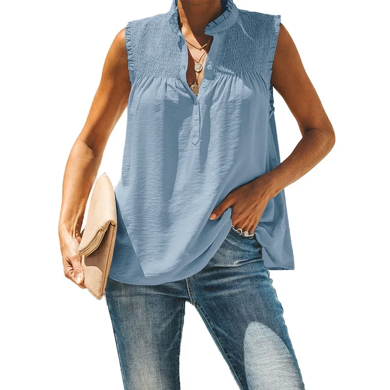 

Summer Solid Sleeveless Blouses For Women 2022 Fashion Stand Collar Elegant Office Work Shirts Lady Plus Size Casual Blouse Tops, Picture color