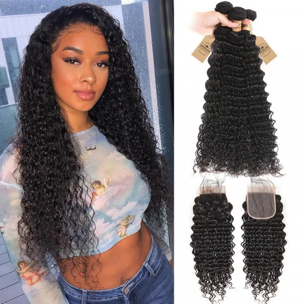 

Cuticle Virgin Hair JP hair deep wave crochet bundles cuticle aligned human closure vendors for black women, Natural color ( near 1b# )