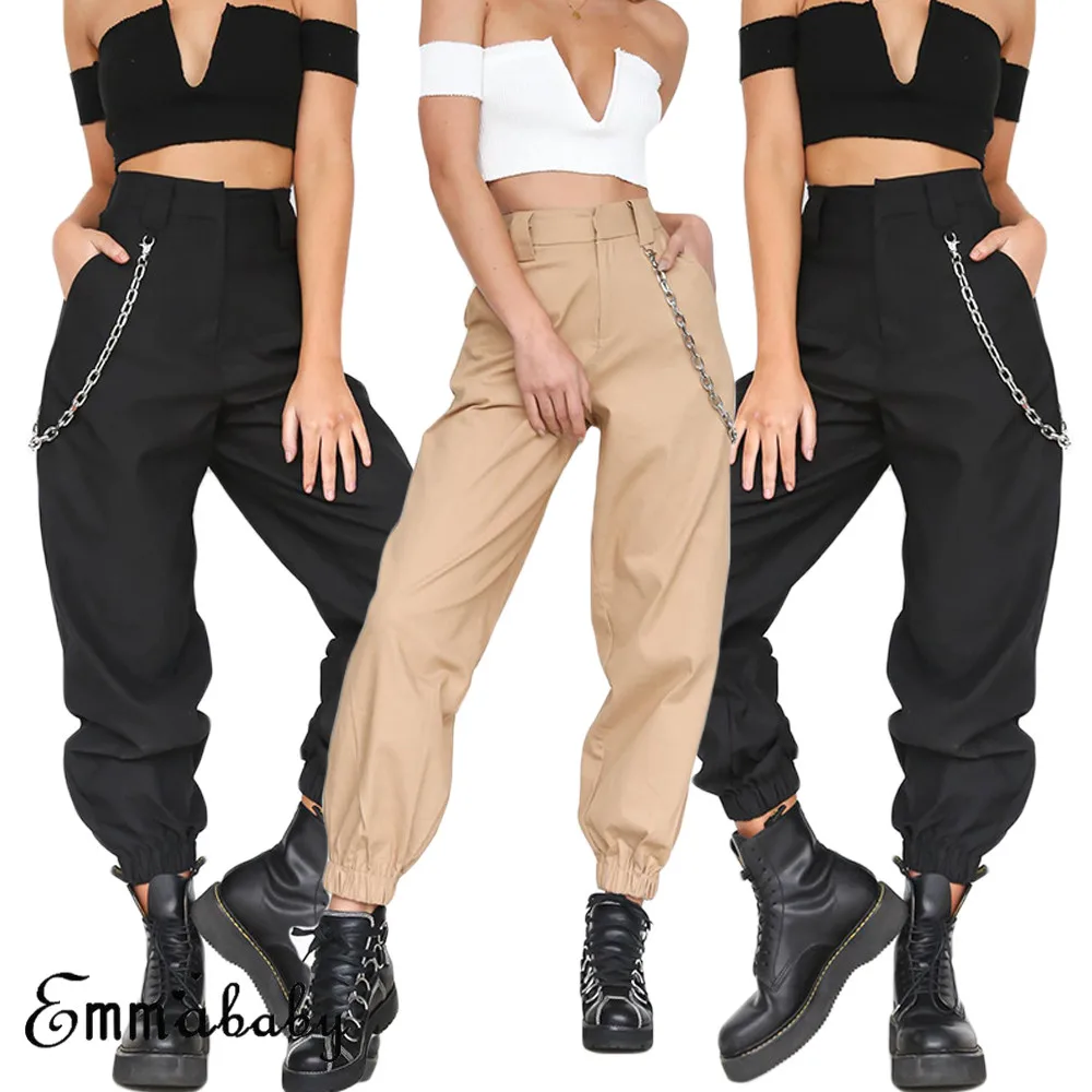 

Hot New Women's Cargo Trousers Pants Solid Punk Loose Long Soft Pants With Chain Ladies Casual Pant