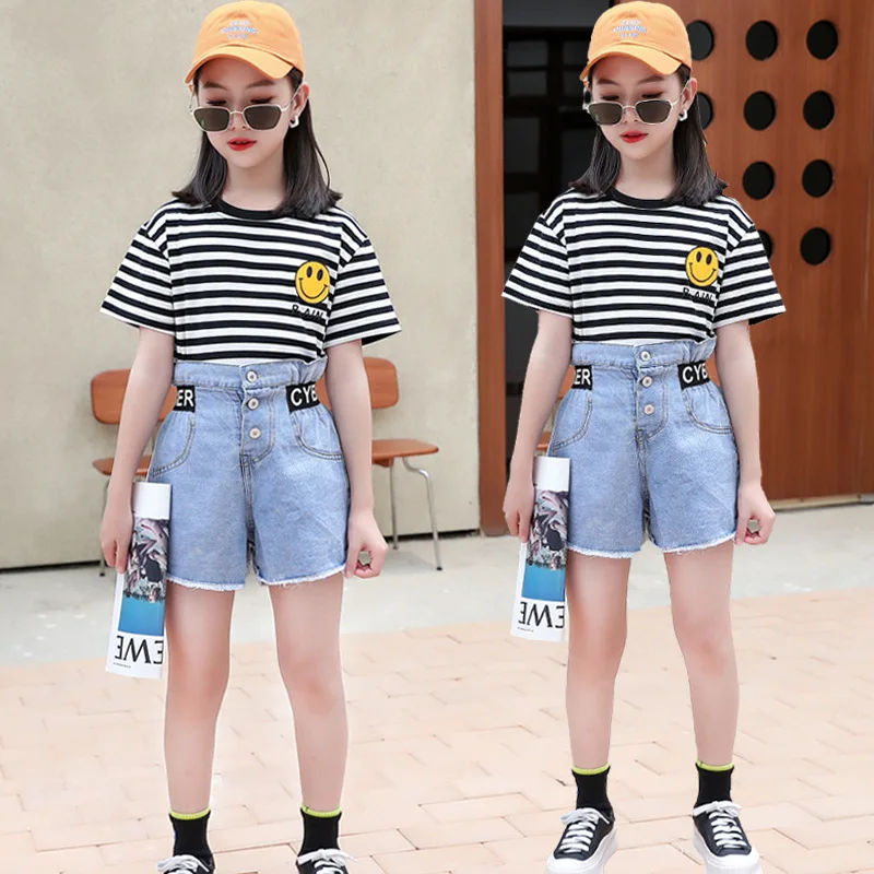 

New arrival fahion summer girls stripe printing T shirt and denim shorts 2 pieces clothing set, Picture shows