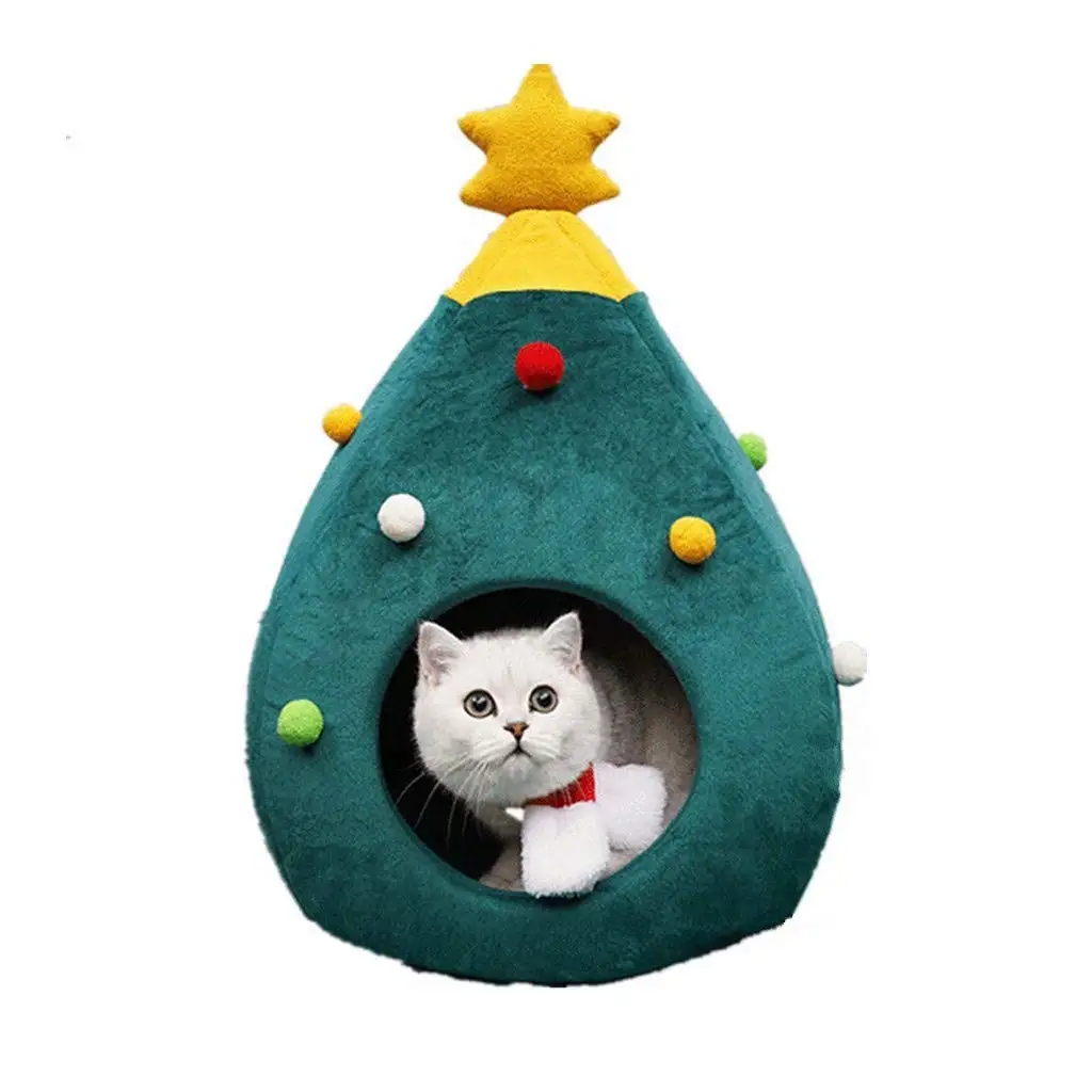 

Customized Christmas Tree Cat Igloo Cave Warming 2 in 1 Foldable Bed Winter Warm Tent Pet Cat House, Green