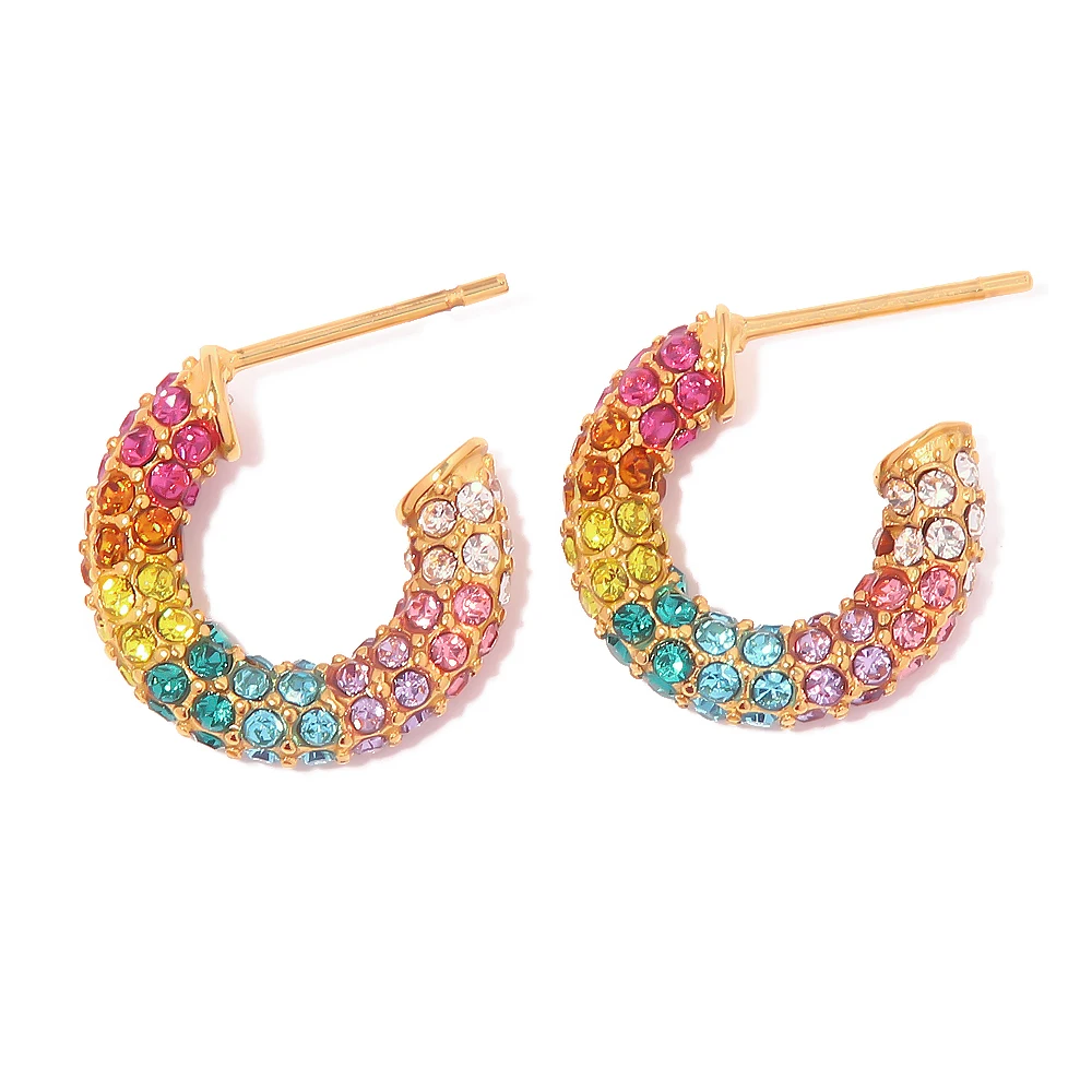 

Newest Colorful Zircon CC Shape Hoop Earrings 18K Gold Plated Stainless Steel Statement Earring Jewelry