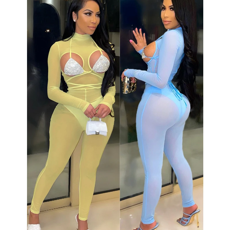 

Free shipping 5 colors turtleneck mesh long sleeve design one piece jumpsuit woman with bra, Customized color