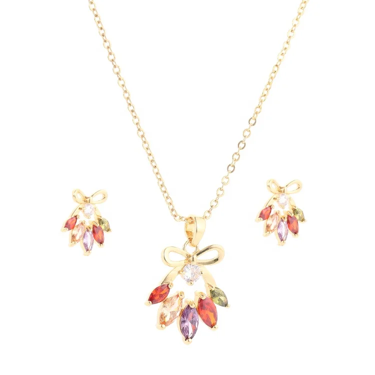 

Dubai Clear Colorful Zircon Flower Bow Necklace Earrings Jewelry Set for Women, As pictures show