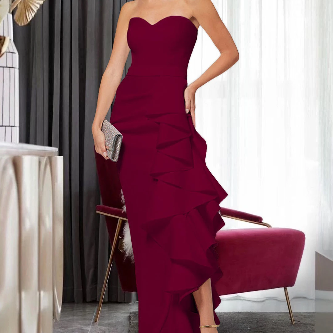 

Strapless Floor Length Gown High Slit Ruffles Ropa Dama Vestido Para Fiestas Evening Dresses Women Roupa Feminino Red Dresses