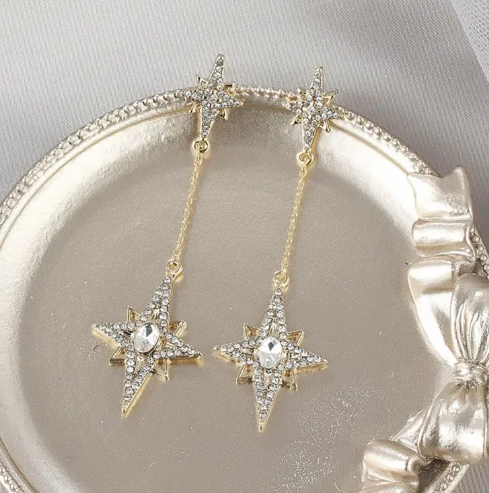 

New alloy diamond six-pointed star long tassel s925 silver post earrings