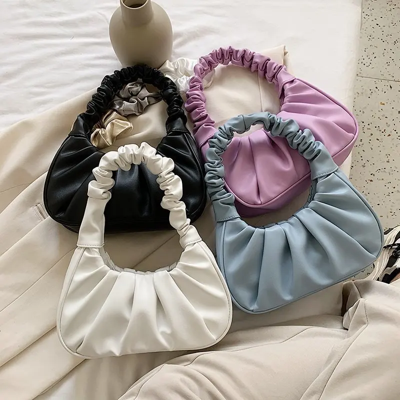 

2021 Elegant Mini Shoulder Pu Leather Underarm Cloud Bags Fold Design Small Handbags Ladies Women Hand Bag, White, purple, blue, black
