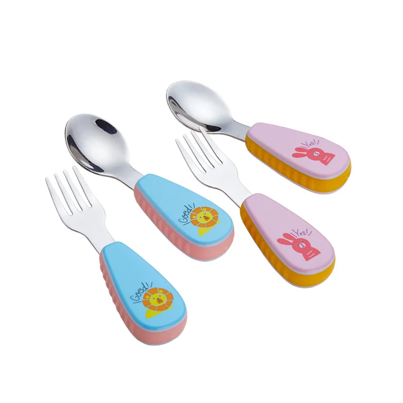 

Stainless steel silverware baby cutlery set children knife fork and spoon flatware with cartoon animal handle for kids