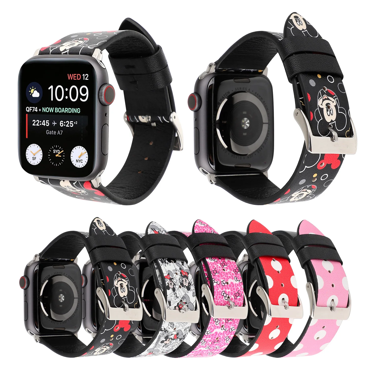 

Stainless Buckle Leather Mickey Printing Watch Band For Apple Watch, Optional