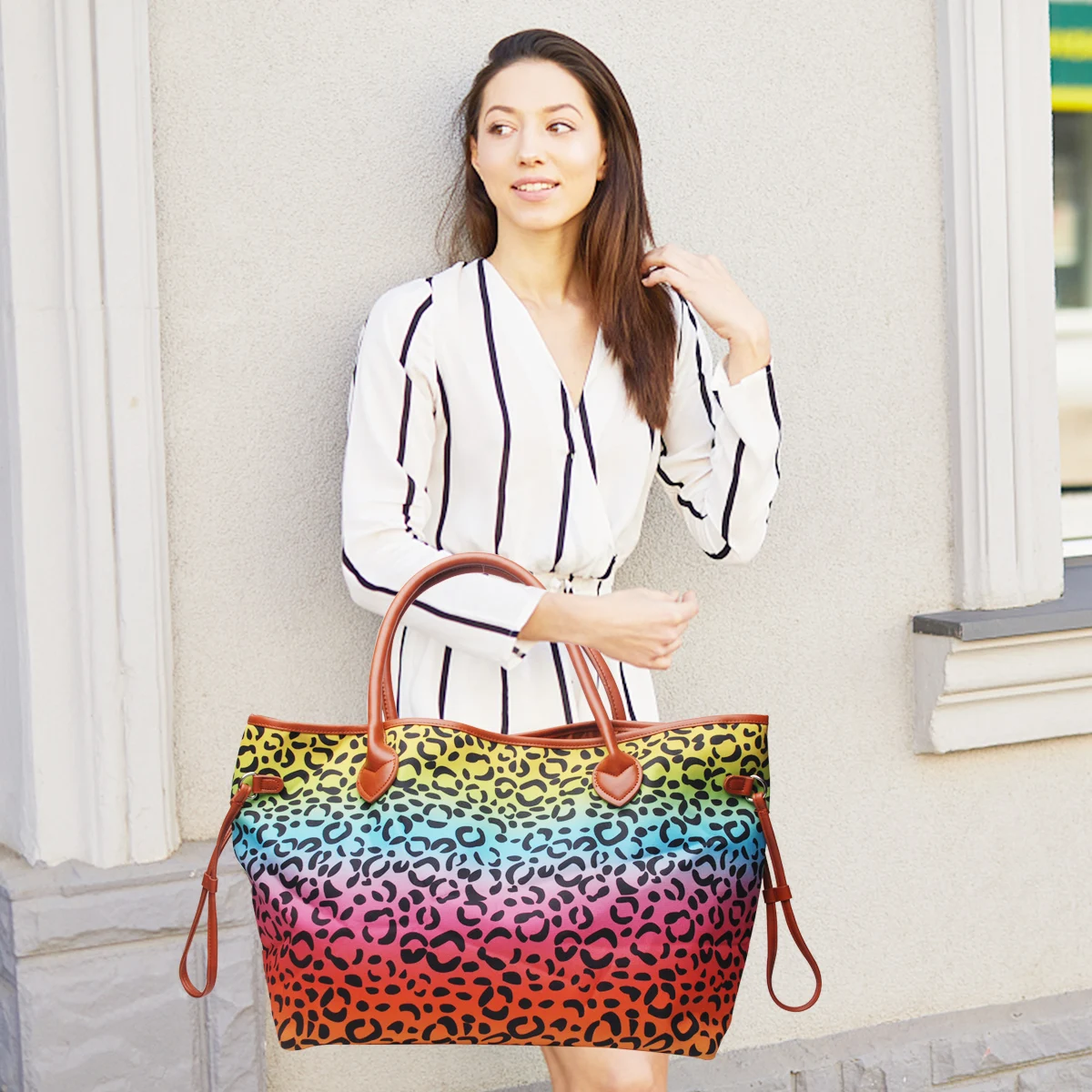 

2021 Wholesale Rainbow Drawstring Leopard Printed Tote DOM100388 Overnight Weekender Canvas Shopping Bags