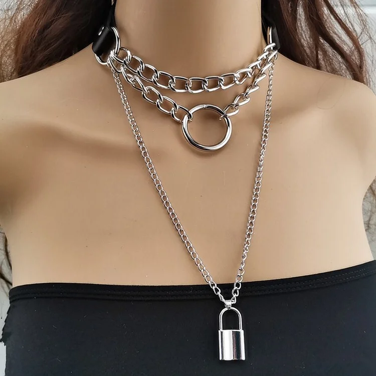 

European and American Jewelry personality exaggeration Pu metal heart necklace retro punk Multi Chain geometric Lock Necklace, Silver color