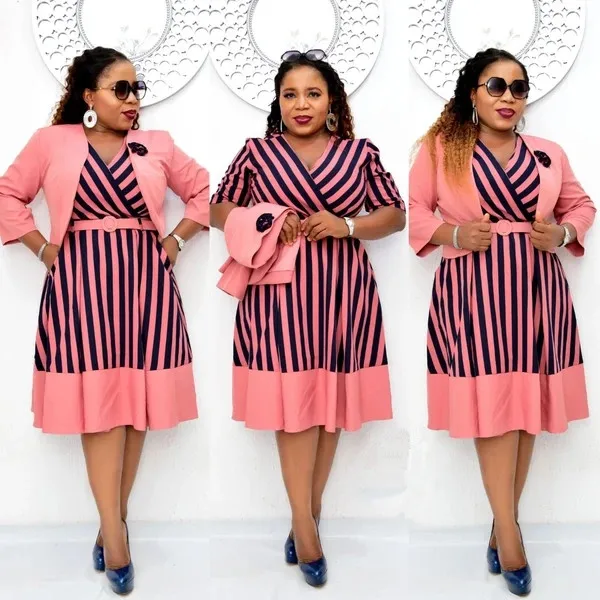 

Autumn Elegent African Dresses African Print stripe Plus Size Dress XL-4XL 2 Piece Sets Dress Coat Suit For Women, Customized color