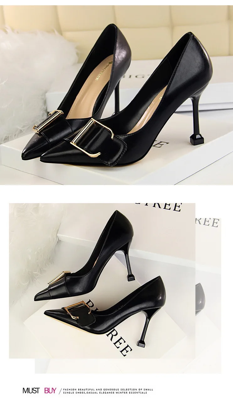 China 2018 Stylish Fetish Metal Buckle Pointed Toe Office Lady Women