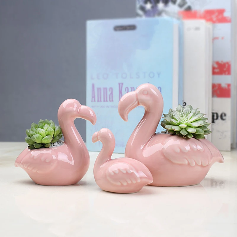 

Modern Indoor Outdoor Decor Flamingo Shape Small Ceramic Flower Pot, Pink