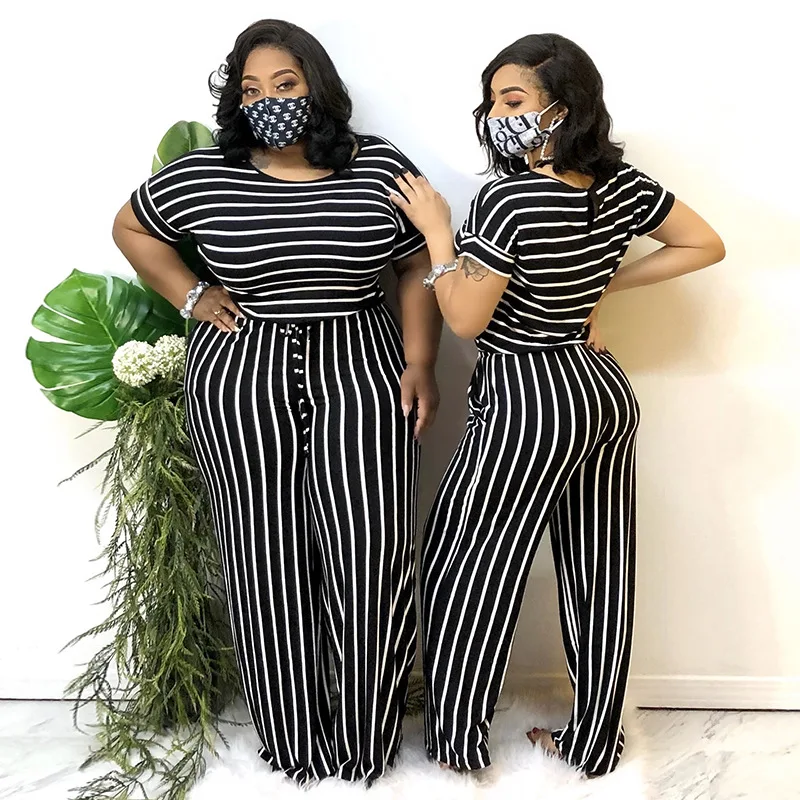 

2020 New Good Quality Elegant High elasticity Casual Summer Striped Plus size one piece jumpsuits and rompers for fat women, Picture