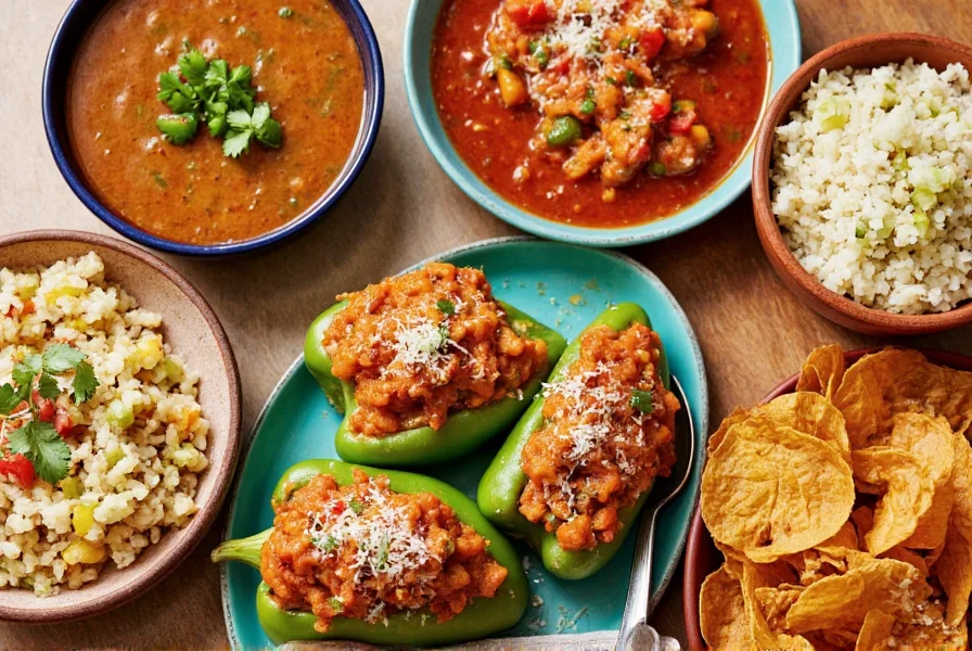 Colorful arrangement of poblano pepper dishes including stuffed peppers, soup, and rajas con crema